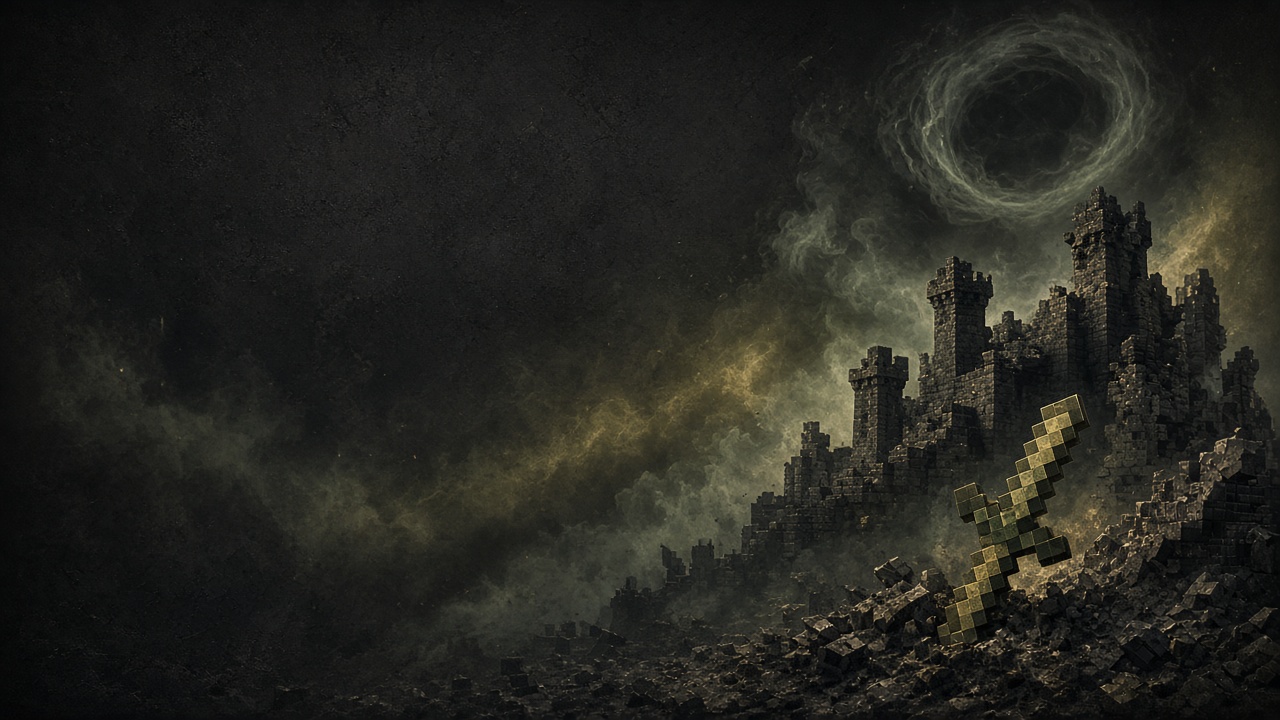AfterSmoke Top-Shelf — ruined fortress, Smoke Ring haze, green-gold sword